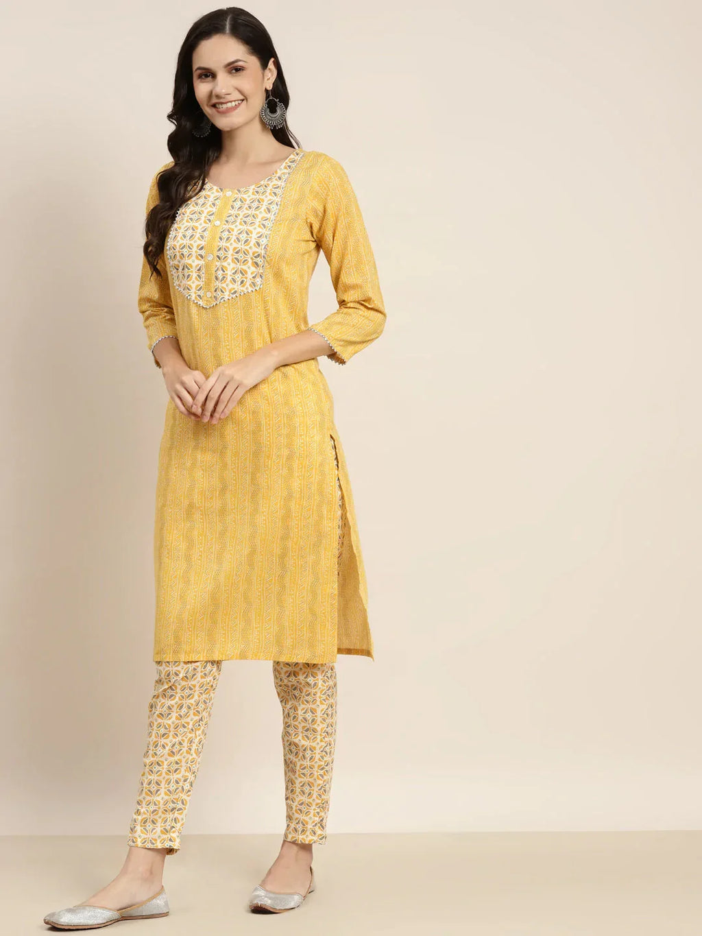 Jompers Women's Printed Gotta Patti Kurta with Trousers & Dupatta - Yellow | Grocsy