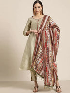 Jompers Women's Dupion Silk Jacquard Kurta with Trousers & Dupatta - Beige | Grocsy