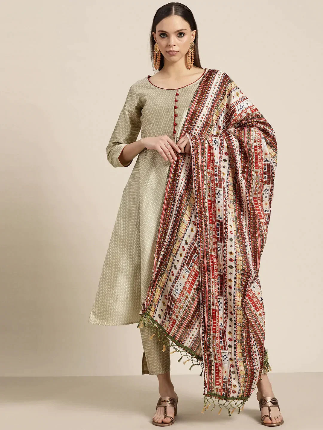 Jompers Women's Dupion Silk Jacquard Kurta with Trousers & Dupatta - Beige | Grocsy