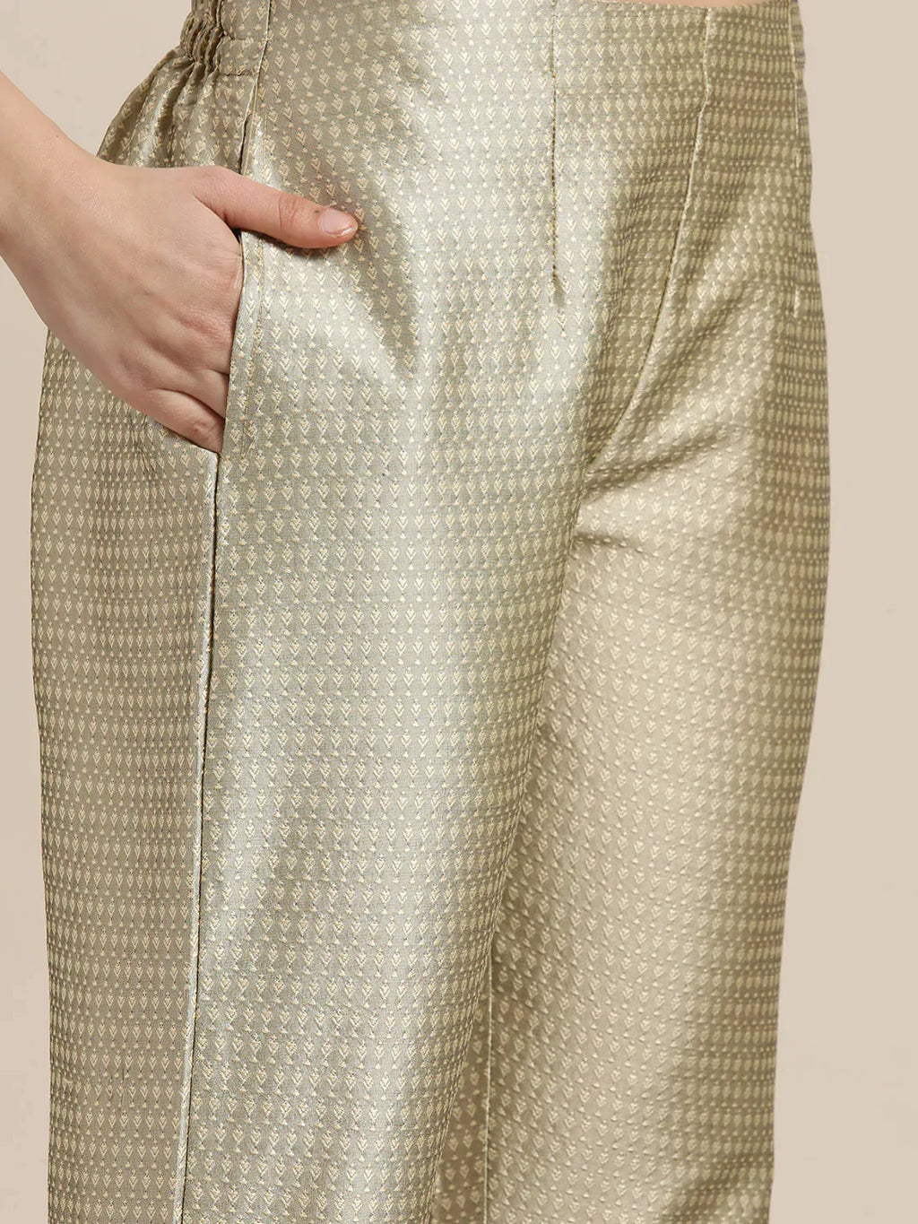 Jompers Women's Dupion Silk Jacquard Kurta with Trousers & Dupatta - Beige | Grocsy