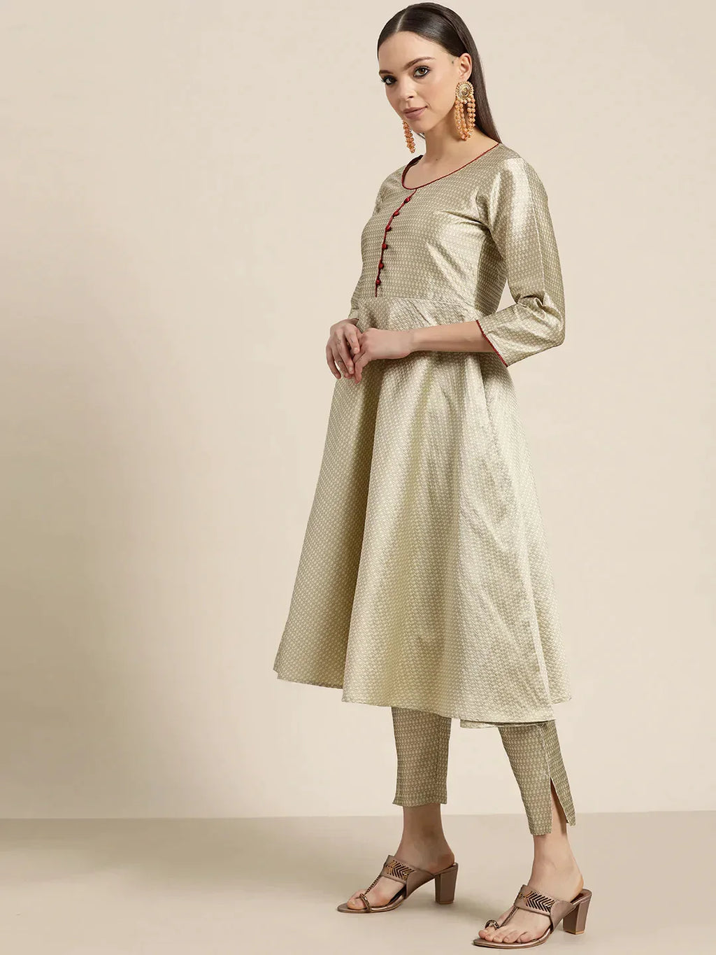 Jompers Women's Dupion Silk Jacquard Kurta with Trousers & Dupatta - Beige | Grocsy