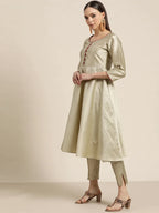 Jompers Women's Dupion Silk Jacquard Kurta with Trousers & Dupatta - Beige | Grocsy