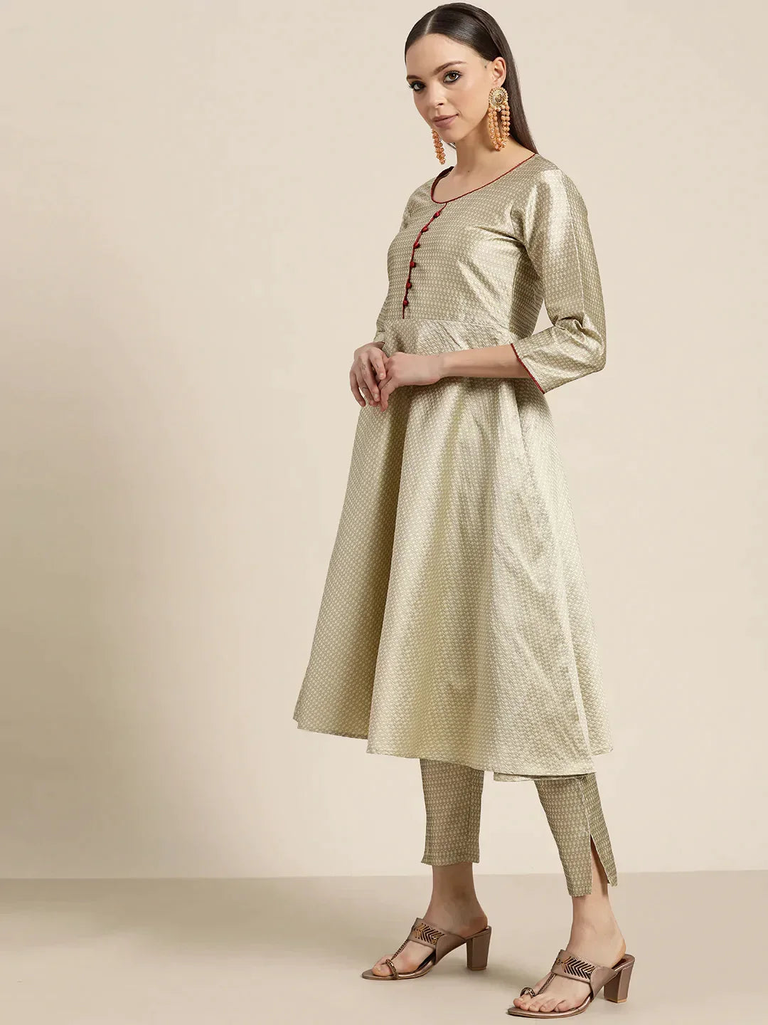 Jompers Women's Dupion Silk Jacquard Kurta with Trousers & Dupatta - Beige | Grocsy