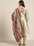 Jompers Women's Dupion Silk Jacquard Kurta with Trousers & Dupatta - Beige | Grocsy