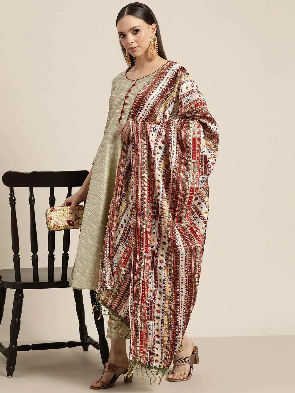 Jompers Women's Dupion Silk Jacquard Kurta with Trousers & Dupatta - Beige | Grocsy