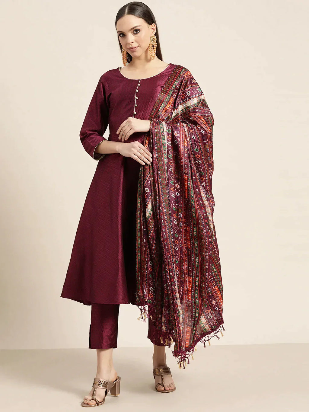 Jompers Women's Dupion Silk Jacquard Kurta with Trousers & Dupatta - Purple | Grocsy