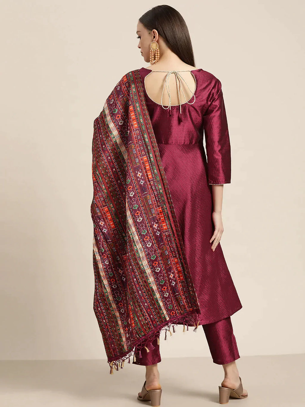 Jompers Women's Dupion Silk Jacquard Kurta with Trousers & Dupatta - Purple | Grocsy