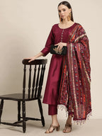 Jompers Women's Dupion Silk Jacquard Kurta with Trousers & Dupatta - Purple | Grocsy
