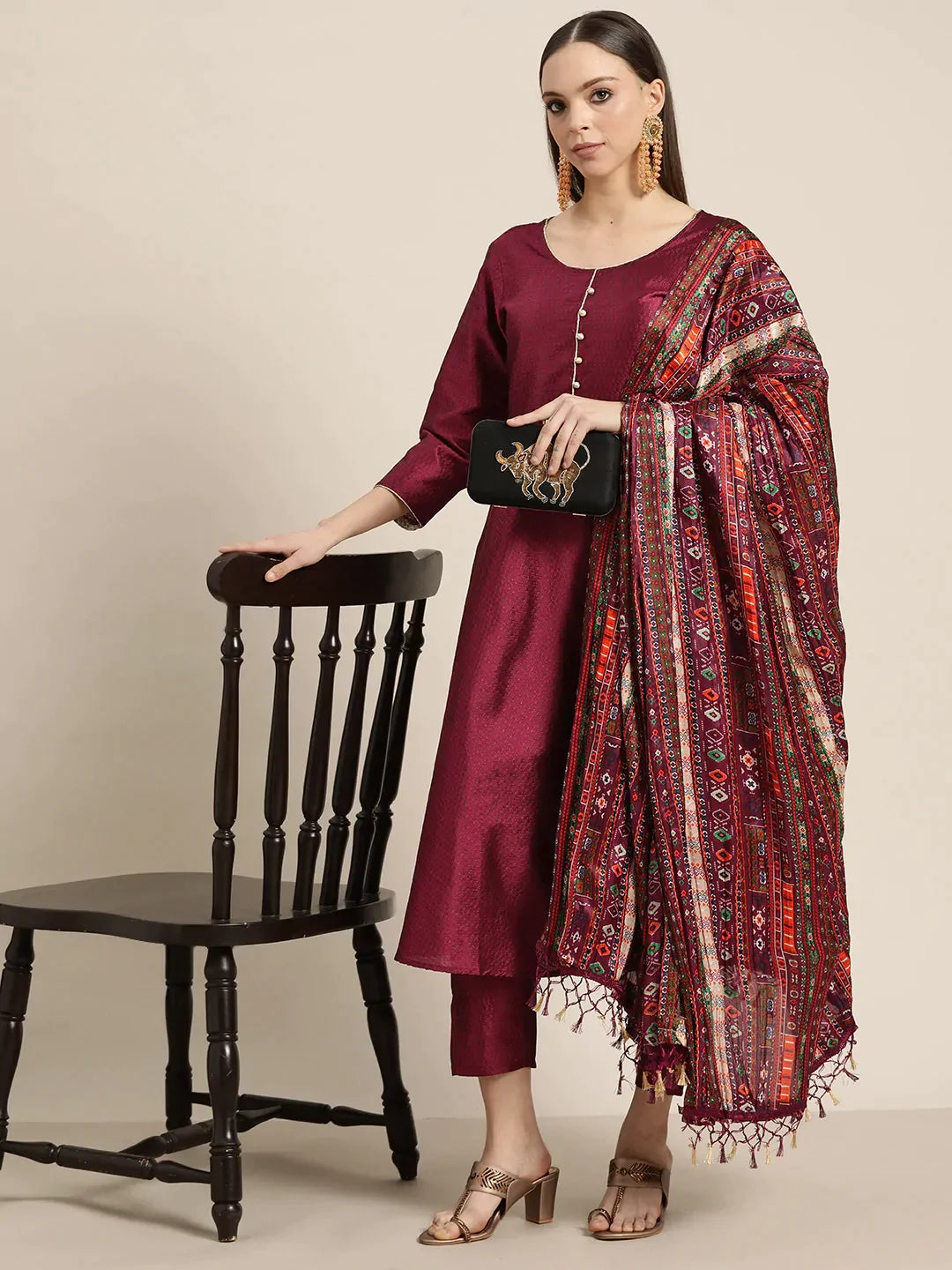Jompers Women's Dupion Silk Jacquard Kurta with Trousers & Dupatta - Purple | Grocsy