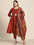 Jompers Women's Dupion Silk Jacquard Kurta with Trousers & Dupatta - Maroon | Grocsy
