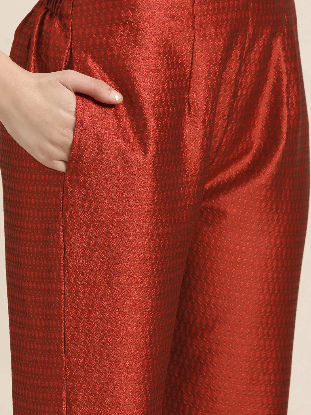Jompers Women's Dupion Silk Jacquard Kurta with Trousers & Dupatta - Maroon | Grocsy