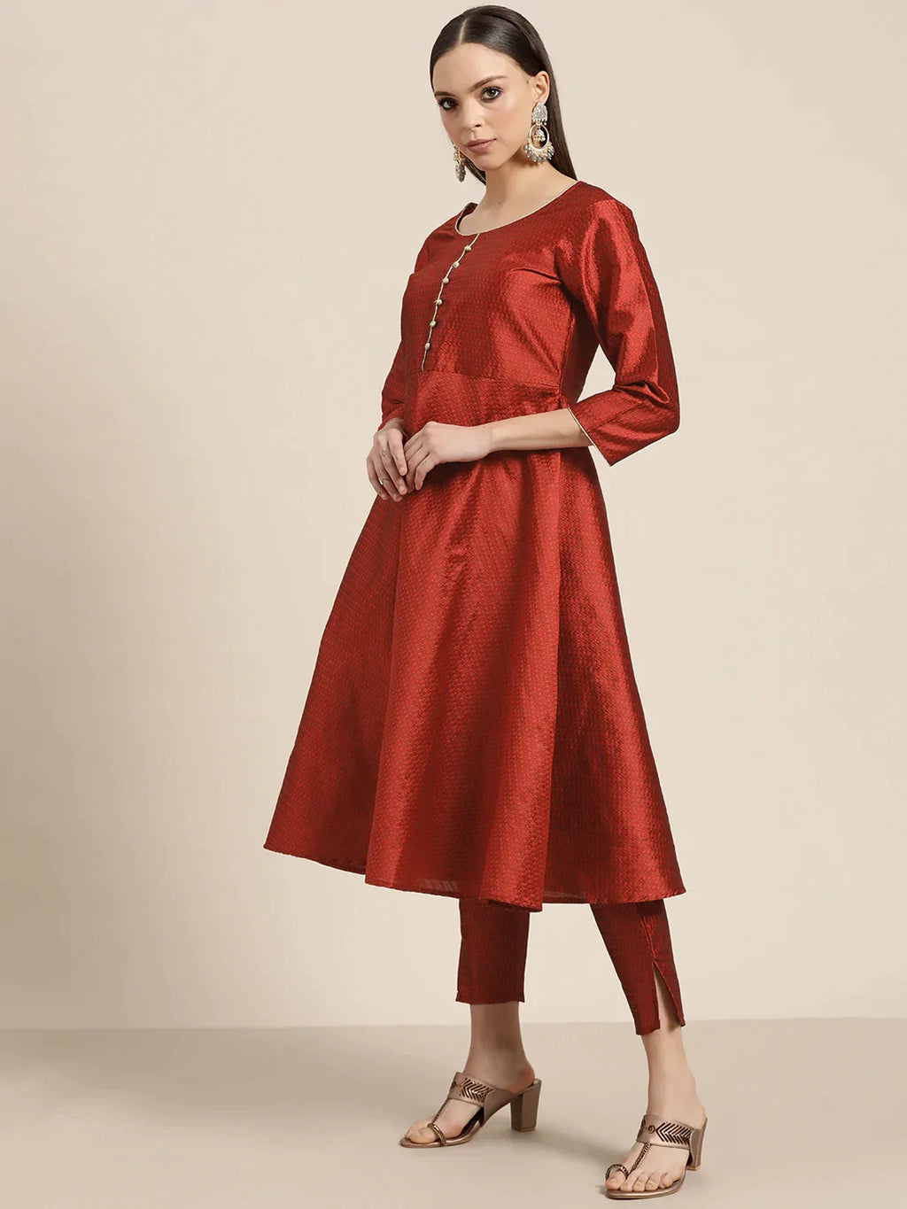 Jompers Women's Dupion Silk Jacquard Kurta with Trousers & Dupatta - Maroon | Grocsy