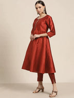 Jompers Women's Dupion Silk Jacquard Kurta with Trousers & Dupatta - Maroon | Grocsy