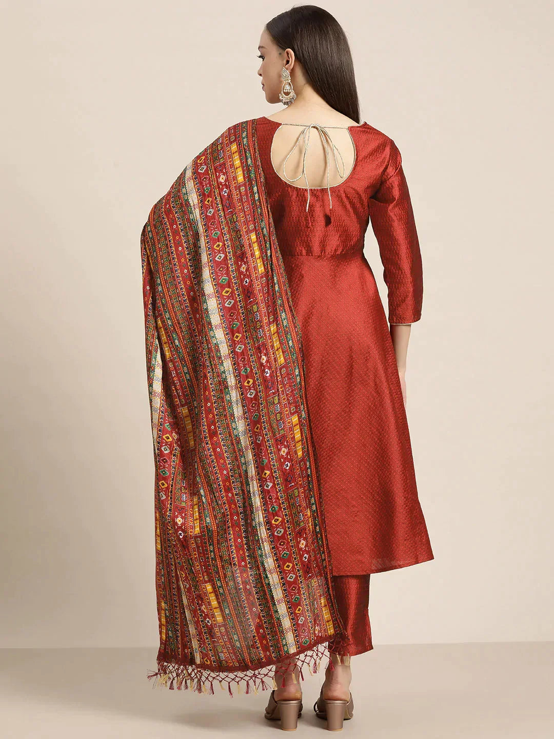 Jompers Women's Dupion Silk Jacquard Kurta with Trousers & Dupatta - Maroon | Grocsy