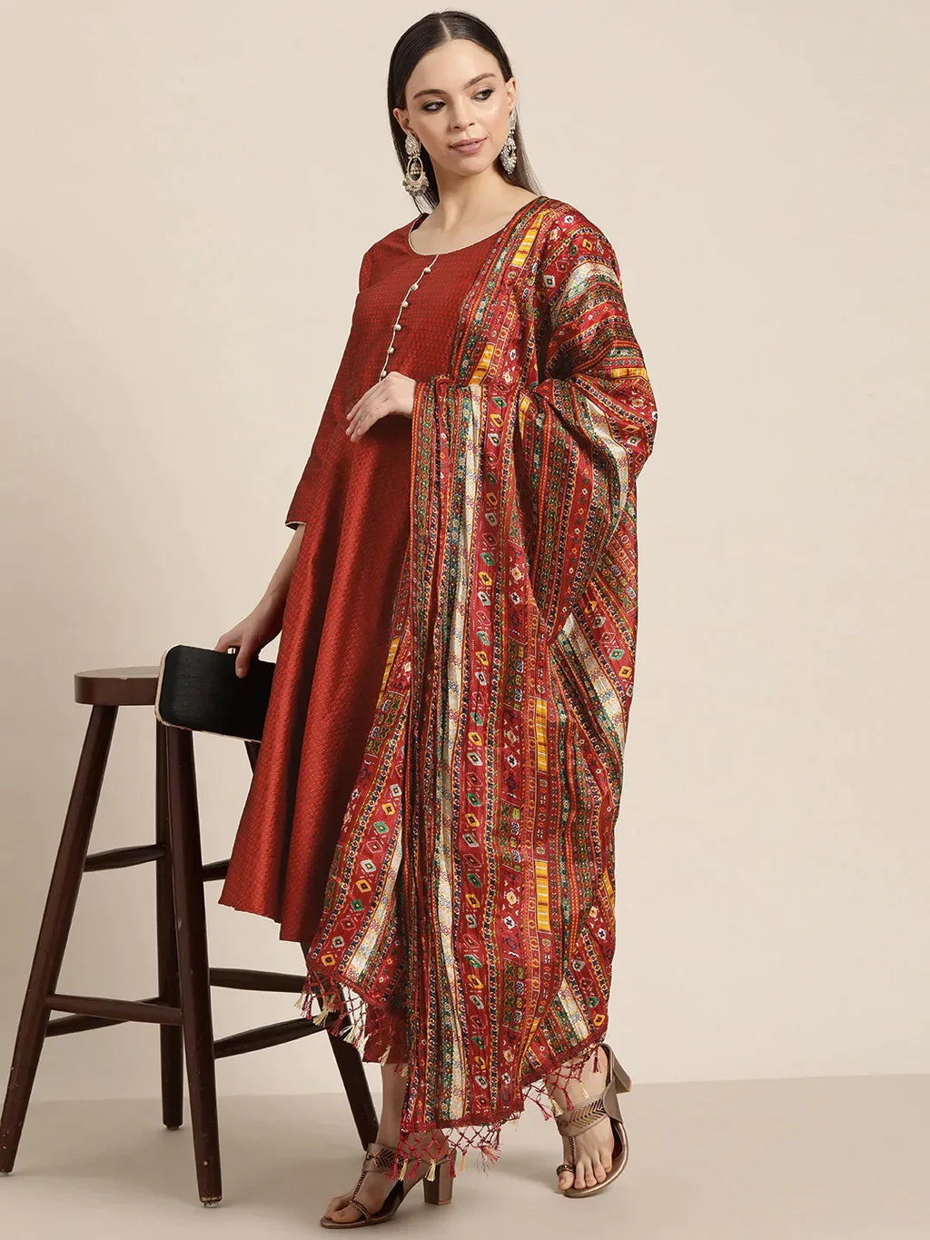 Jompers Women's Dupion Silk Jacquard Kurta with Trousers & Dupatta - Maroon | Grocsy