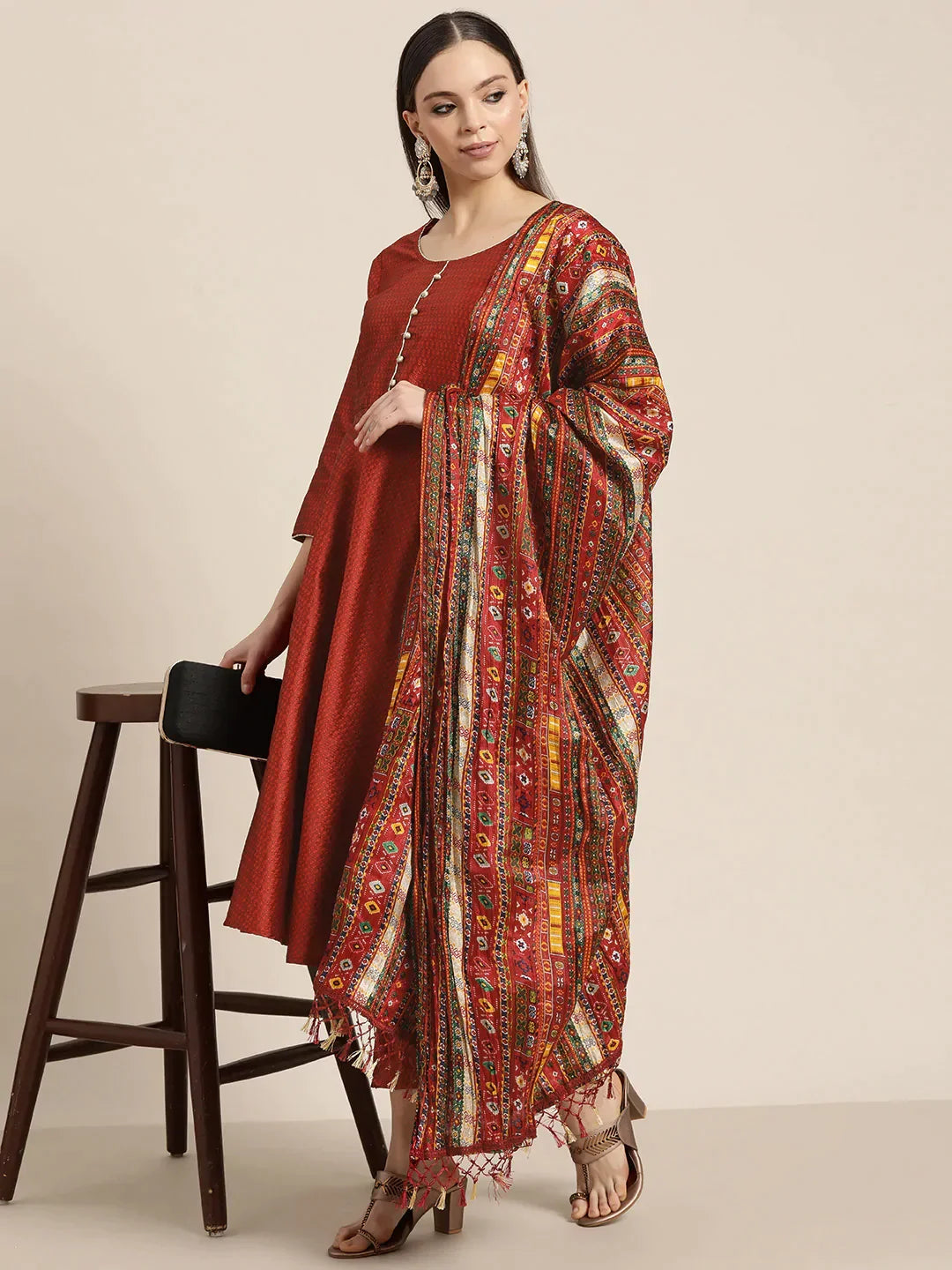 Jompers Women's Dupion Silk Jacquard Kurta with Trousers & Dupatta - Maroon | Grocsy