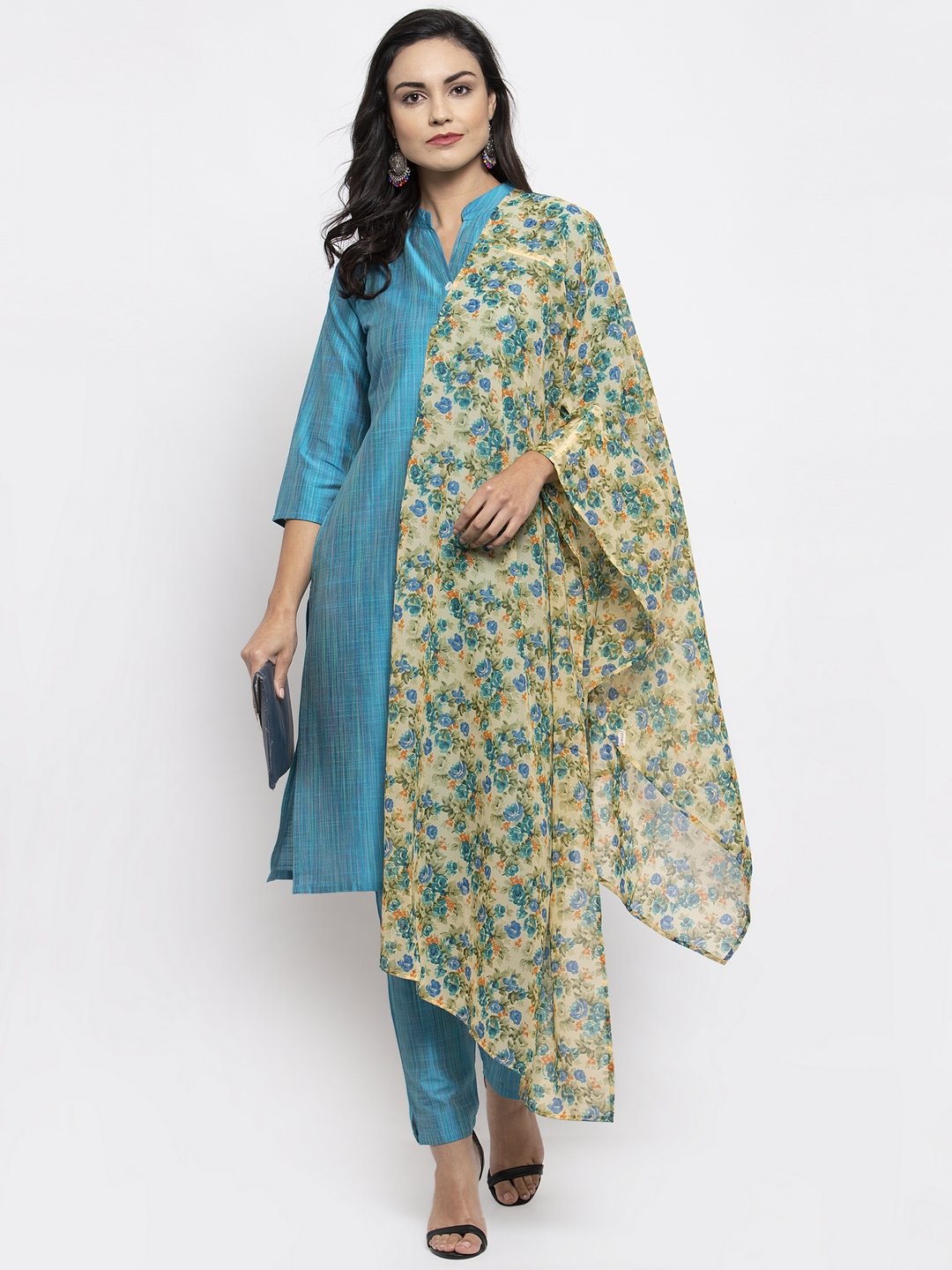 Jompers Women Blue & Green Self-Striped Kurta with Trousers & Floral Georgette Dupatta | Grocsy