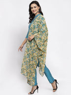 Jompers Women Blue & Green Self-Striped Kurta with Trousers & Floral Georgette Dupatta | Grocsy