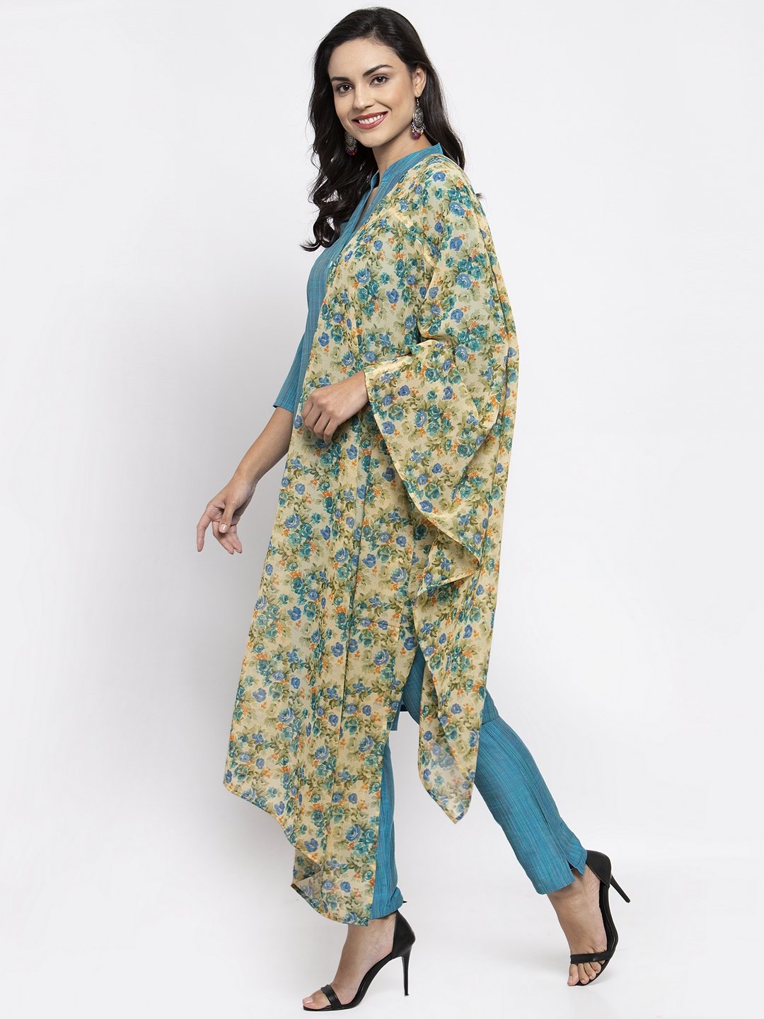Jompers Women Blue & Green Self-Striped Kurta with Trousers & Floral Georgette Dupatta | Grocsy