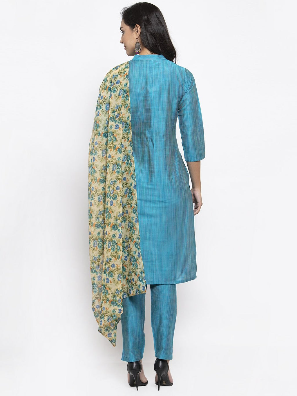 Jompers Women Blue & Green Self-Striped Kurta with Trousers & Floral Georgette Dupatta | Grocsy