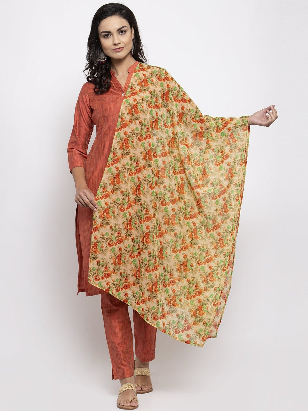 Jompers Women Orange Self-Striped Kurta with Trousers & Floal Georgette Dupatta | Grocsy