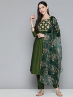 Jompers Women's Olive Green Floral Embroidered Mirror Work Kurta with Trousers & With Dupatta | Grocsy