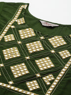 Jompers Women's Olive Green Floral Embroidered Mirror Work Kurta with Trousers & With Dupatta | Grocsy