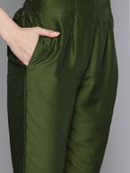 Jompers Women's Olive Green Floral Embroidered Mirror Work Kurta with Trousers & With Dupatta | Grocsy