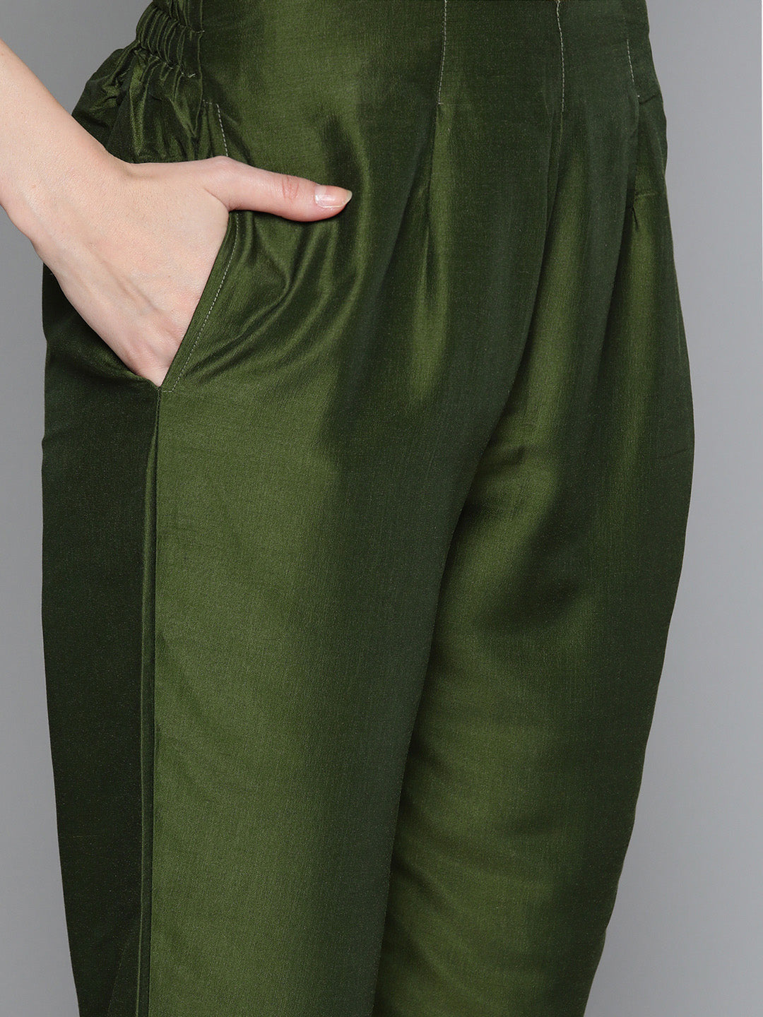Jompers Women's Olive Green Floral Embroidered Mirror Work Kurta with Trousers & With Dupatta | Grocsy