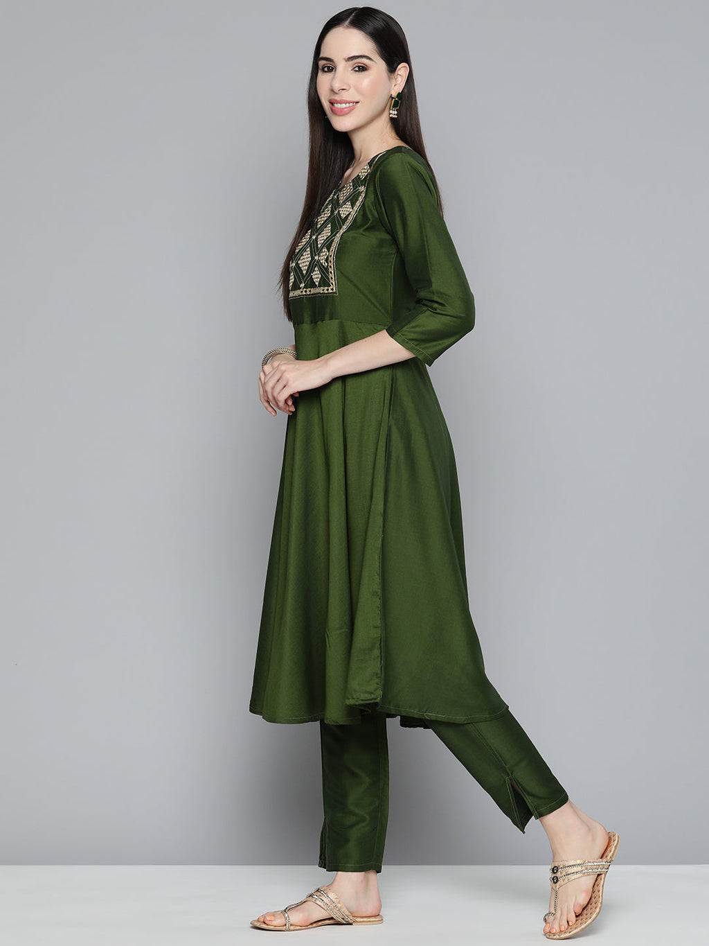 Jompers Women's Olive Green Floral Embroidered Mirror Work Kurta with Trousers & With Dupatta | Grocsy