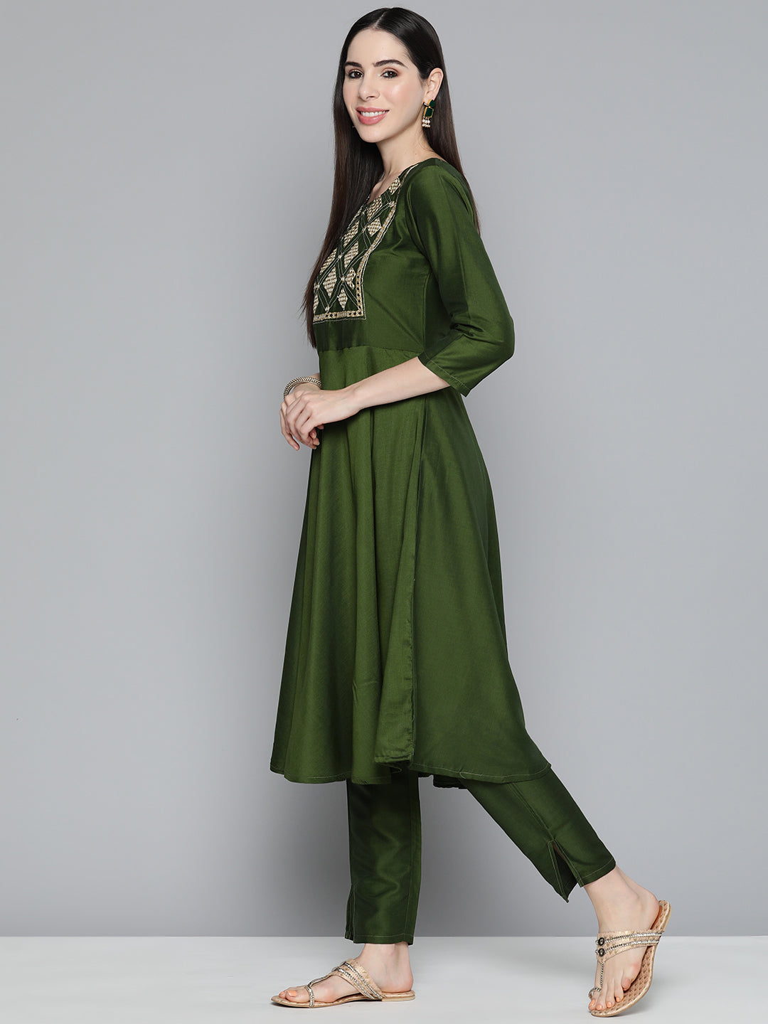 Jompers Women's Olive Green Floral Embroidered Mirror Work Kurta with Trousers & With Dupatta | Grocsy