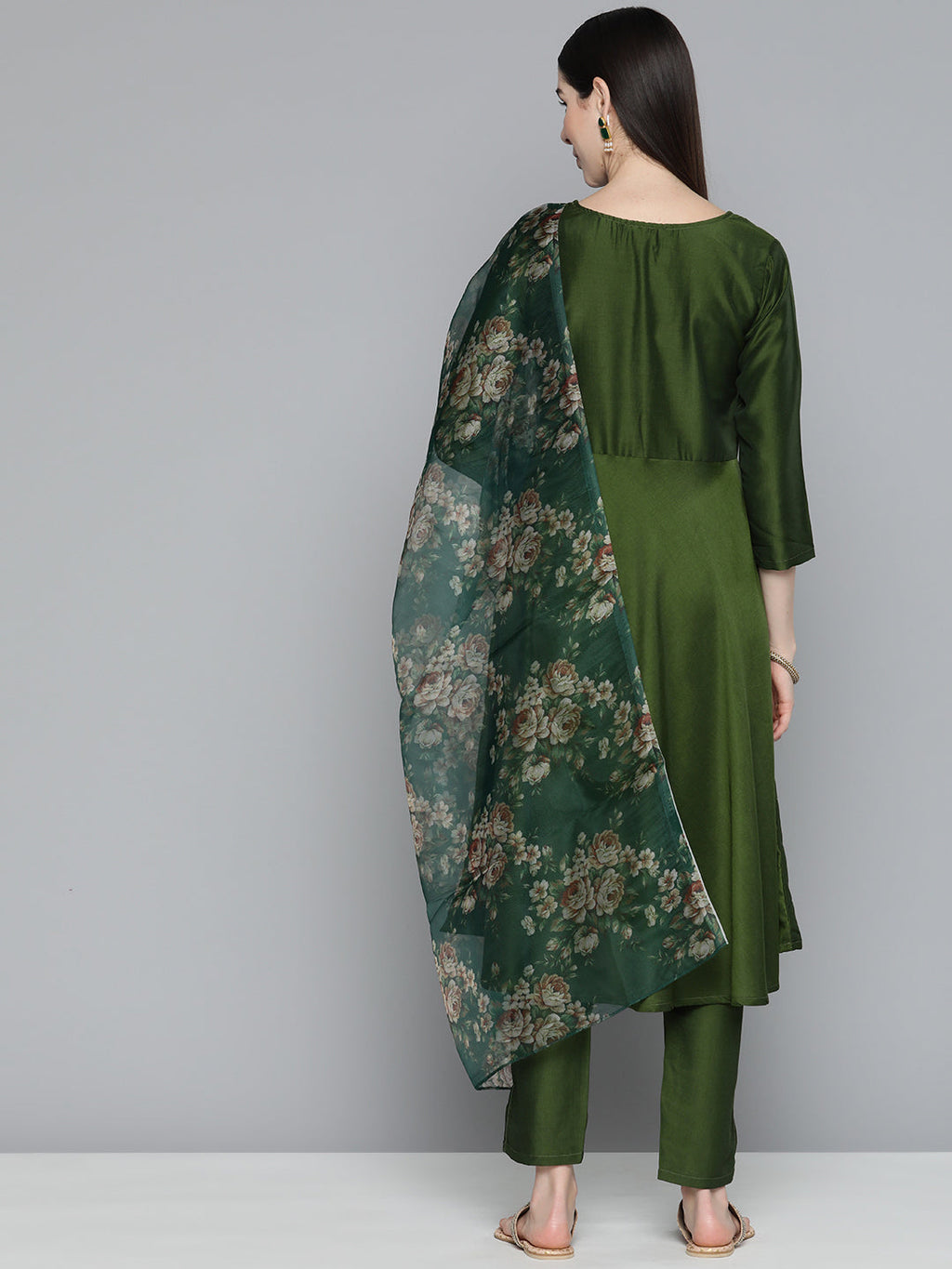 Jompers Women's Olive Green Floral Embroidered Mirror Work Kurta with Trousers & With Dupatta | Grocsy