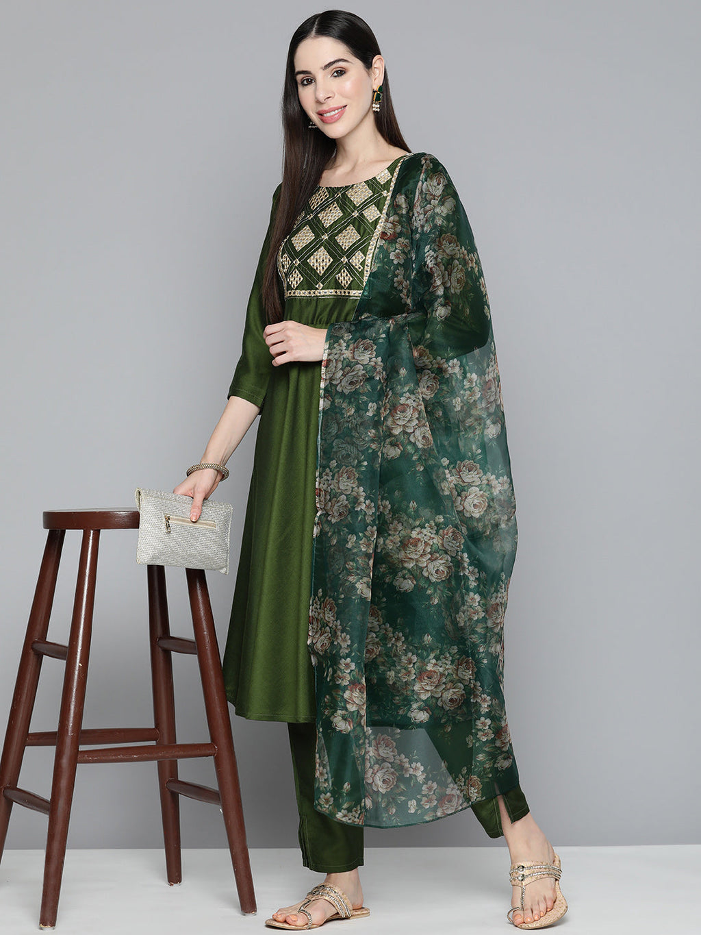 Jompers Women's Olive Green Floral Embroidered Mirror Work Kurta with Trousers & With Dupatta | Grocsy