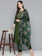 Jompers Women's Olive Green Floral Embroidered Mirror Work Kurta with Trousers & With Dupatta | Grocsy