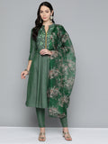 Jompers Women's Floral Embroidered Kurta with Trousers & With Dupatta - Green | Grocsy