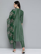 Jompers Women's Floral Embroidered Kurta with Trousers & With Dupatta - Green | Grocsy