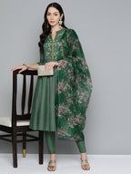 Jompers Women's Floral Embroidered Kurta with Trousers & With Dupatta - Green | Grocsy