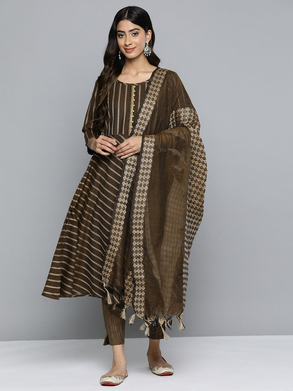 Jompers Women's Brown Embroidered Regular Kurta with Trousers & With Dupatta | Grocsy