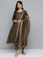 Jompers Women's Brown Embroidered Regular Kurta with Trousers & With Dupatta | Grocsy