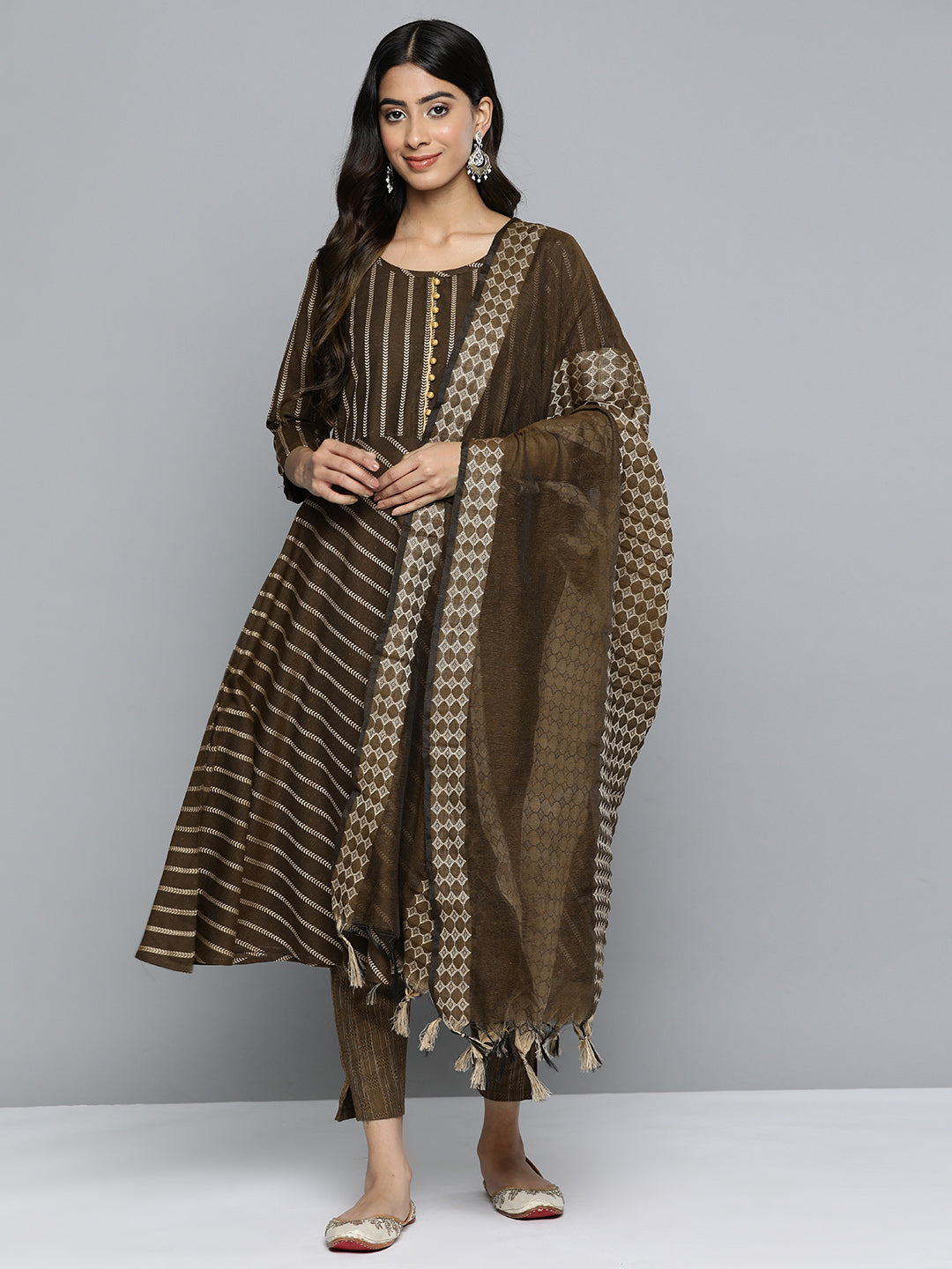 Jompers Women's Brown Embroidered Regular Kurta with Trousers & With Dupatta | Grocsy