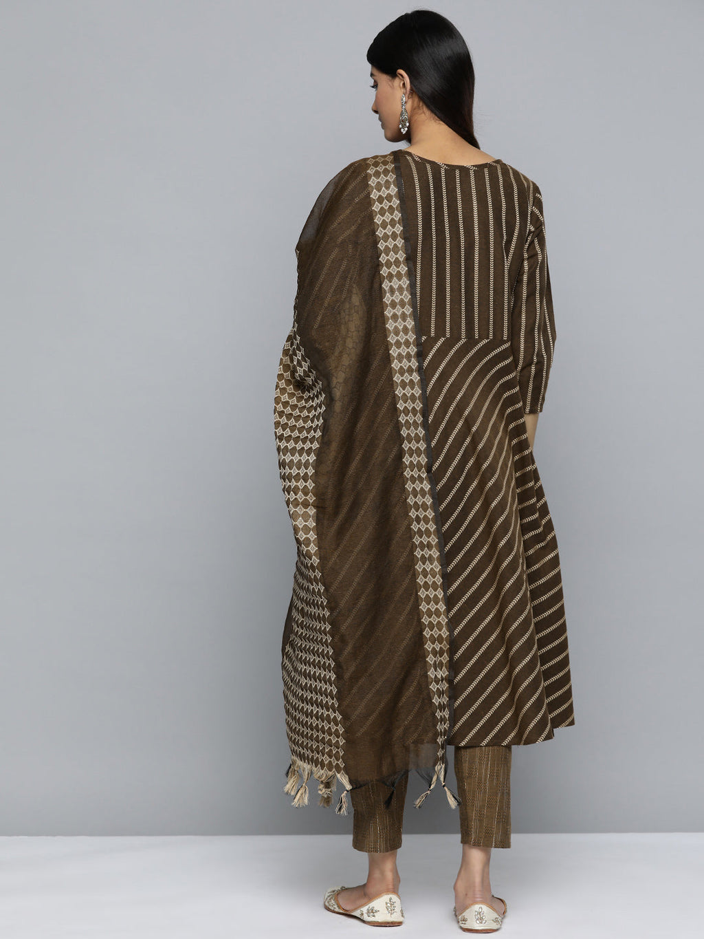 Jompers Women's Brown Embroidered Regular Kurta with Trousers & With Dupatta | Grocsy