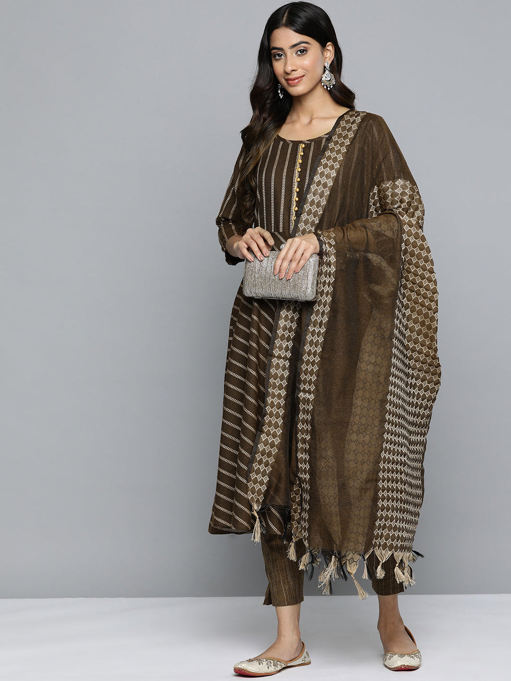 Jompers Women's Brown Embroidered Regular Kurta with Trousers & With Dupatta | Grocsy