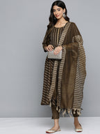 Jompers Women's Brown Embroidered Regular Kurta with Trousers & With Dupatta | Grocsy