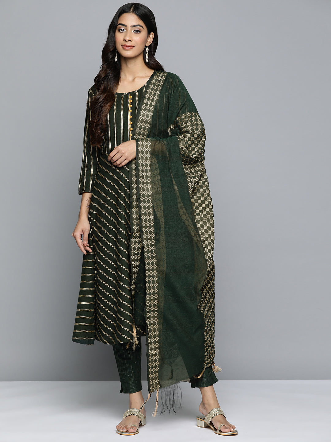 Jompers Women's Olive Green Embroidered Regular Kurta with Trousers & With Dupatta | Grocsy