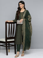 Jompers Women's Olive Green Embroidered Regular Kurta with Trousers & With Dupatta | Grocsy