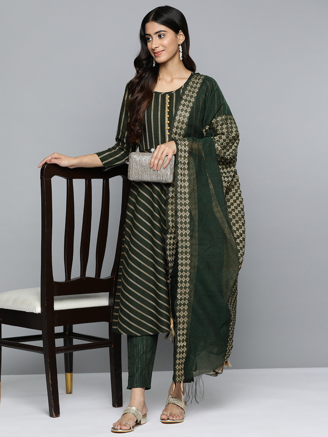 Jompers Women's Olive Green Embroidered Regular Kurta with Trousers & With Dupatta | Grocsy