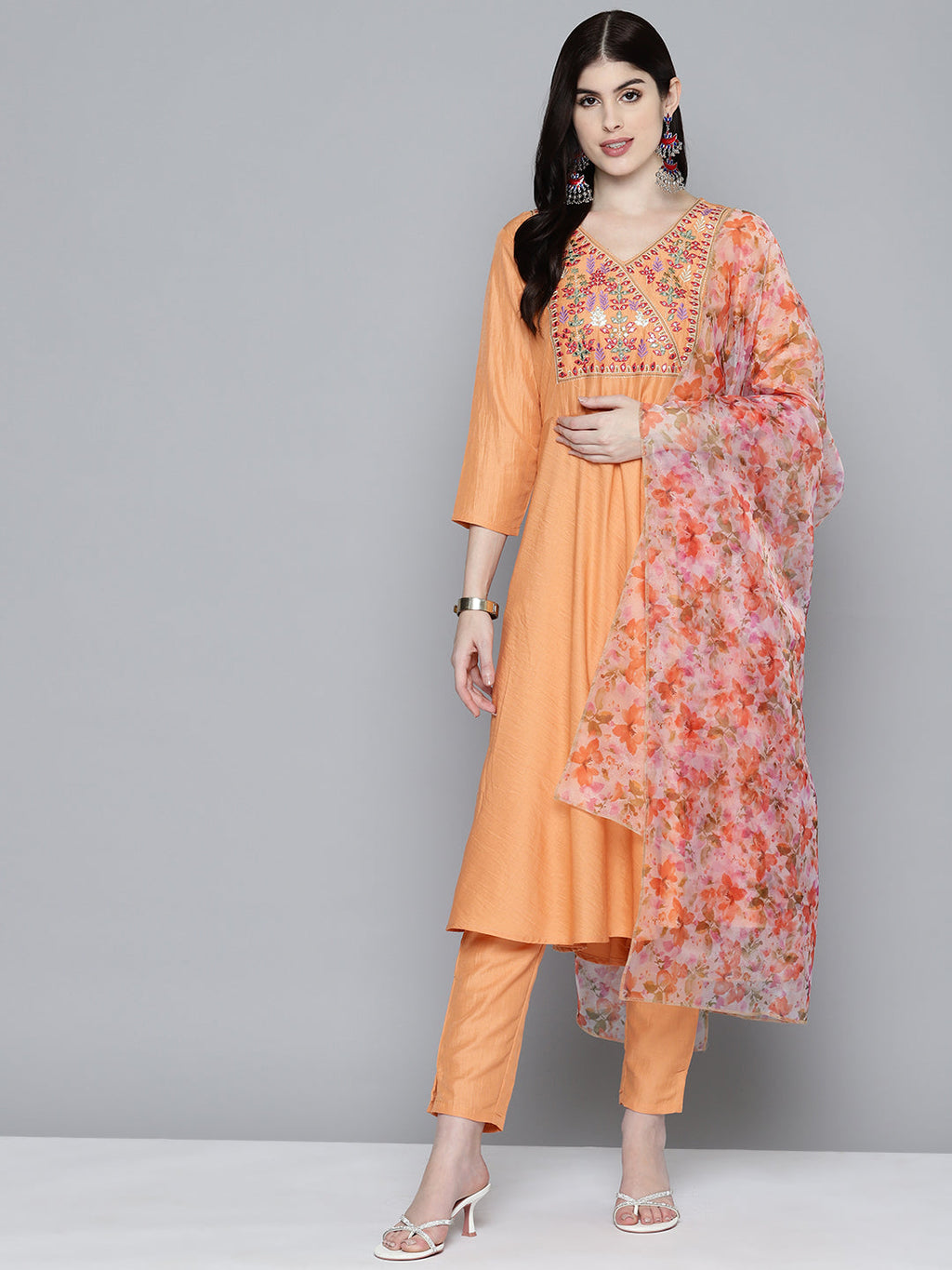 Jompers Women's Embroidered Thread Work Kurta & Trousers With Dupatta - Orange | Grocsy