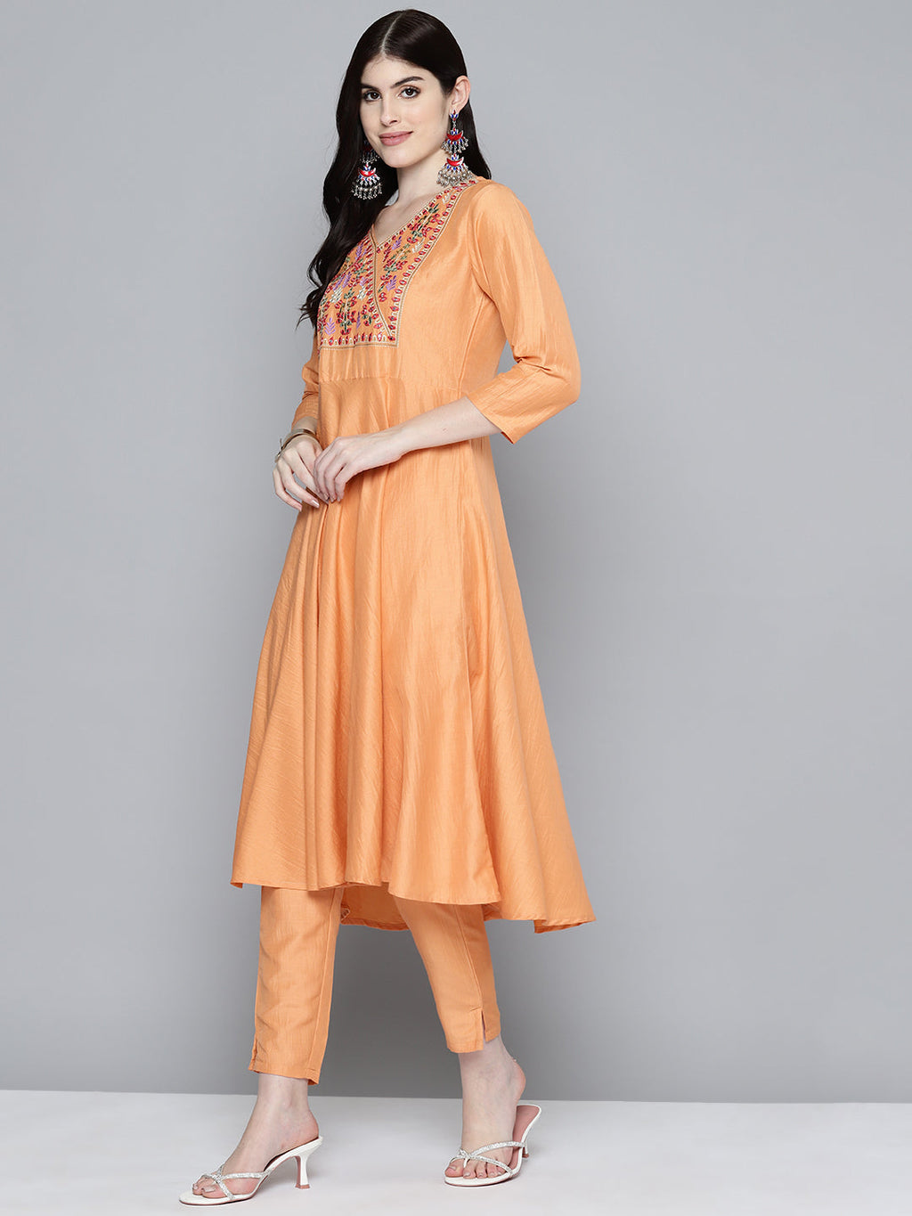 Jompers Women's Embroidered Thread Work Kurta & Trousers With Dupatta - Orange | Grocsy