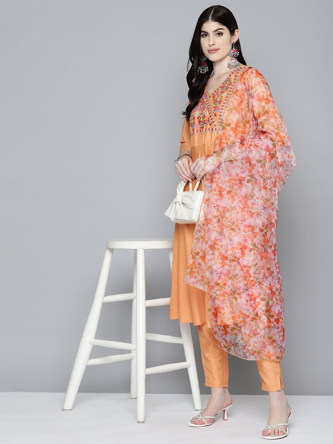 Jompers Women's Embroidered Thread Work Kurta & Trousers With Dupatta - Orange | Grocsy