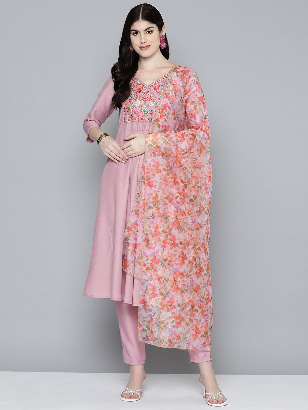 Jompers Women's Embroidered Thread Work Kurta & Trousers With Dupatta - Purple | Grocsy